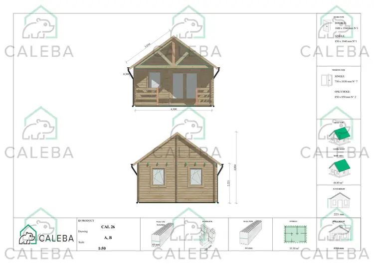 Casa de madera con porche y altillo GAIA 33.30 m², lados A/B