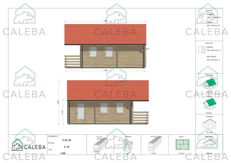 Casa de madera con porche y altillo GAIA 33.30 m², lados C/D
