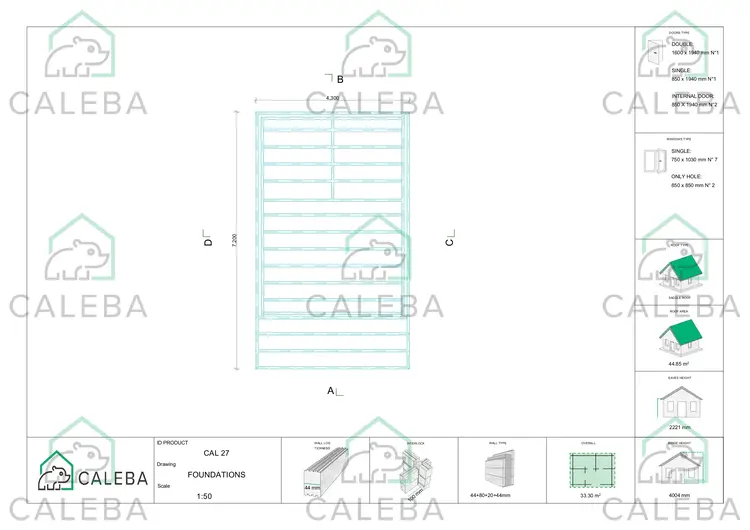 Casa aislada con altillo y terraza GAIA 33.30 m², plano de cimentación