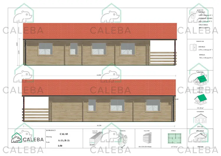 Casa de madera prefabricada FIRENZE 116 m², lados A/B