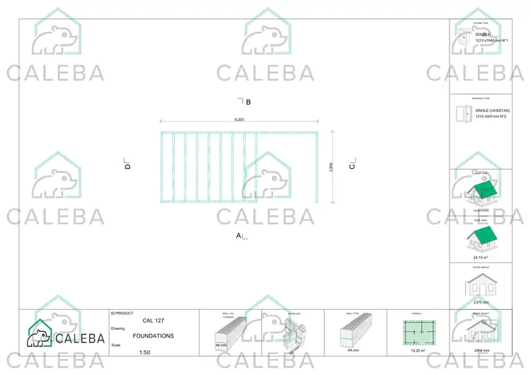 Casa de madera para jardín con leñera FRIDA 19 m², plano de cimentación
