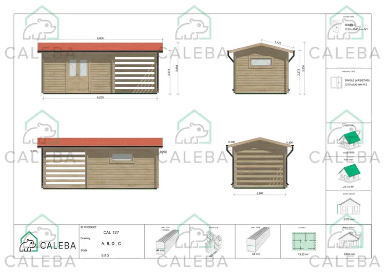 Casa de madera para jardín con leñera FRIDA 19 m², lados A/B/C/D