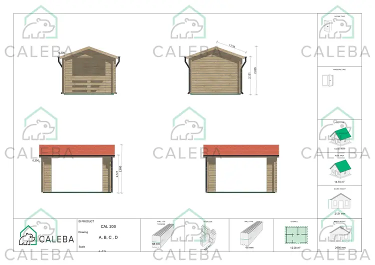 Gazebo de madera STELLA 12 m², lados A/B/C/D