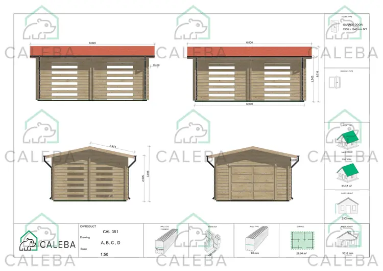 Garaje de madera ventilado 25 m², lados A/B/C/D