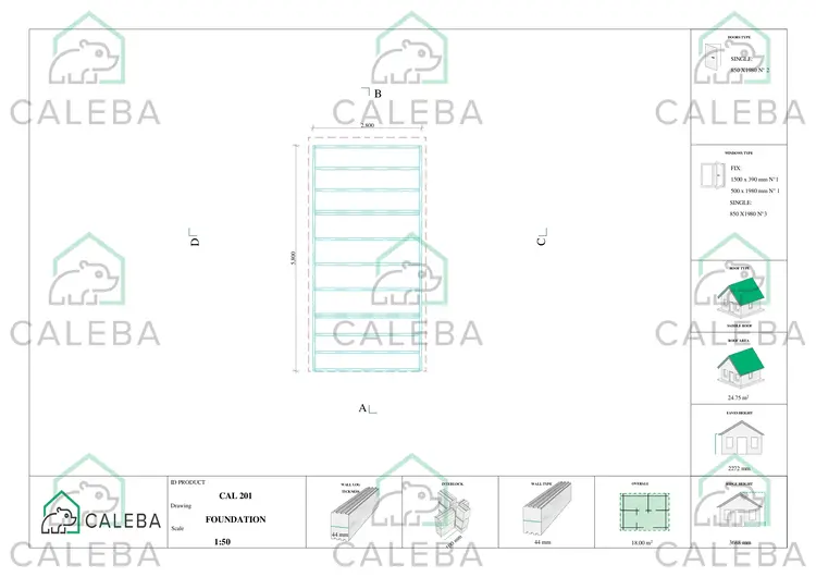 Casita de madera NINA 18 m², plano de cimentación