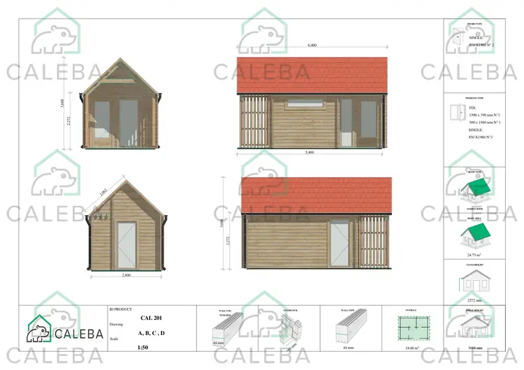 Casita de madera NINA 18 m², lados A/B/C/D