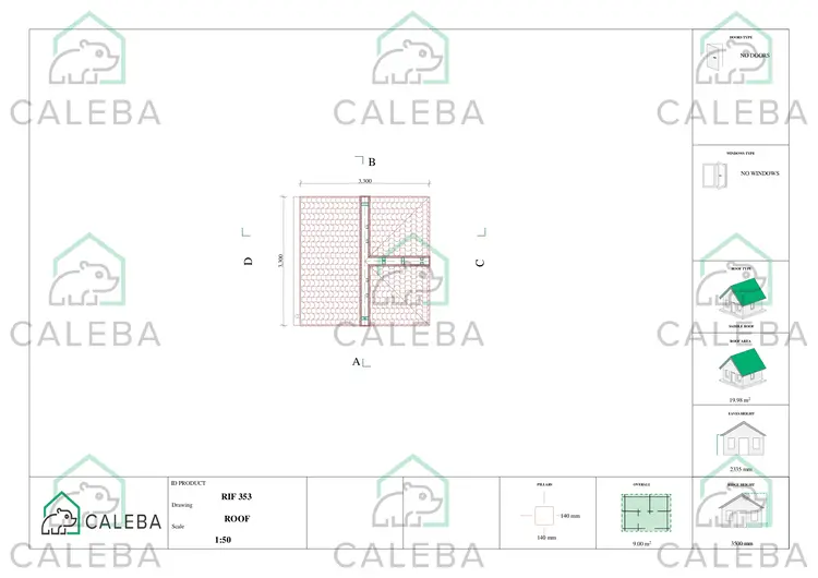 Pérgola de madera 9 m², planta de cubierta