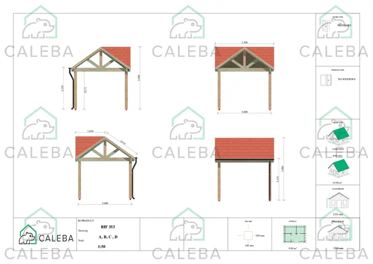 Pérgola de madera 9 m², lados A/B/C/D