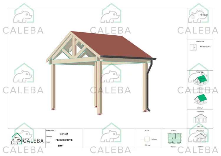 Pérgola de madera 9 m², lados B/C
