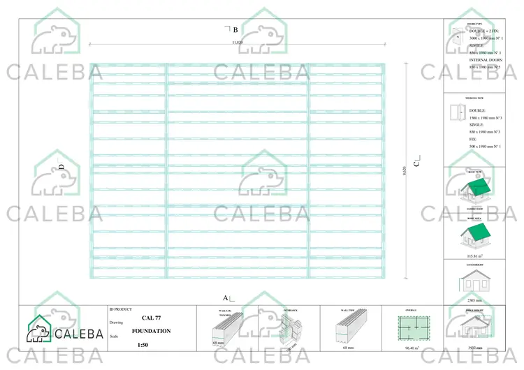 Cabaña de madera NATALIA 95 m², plano de cimentación