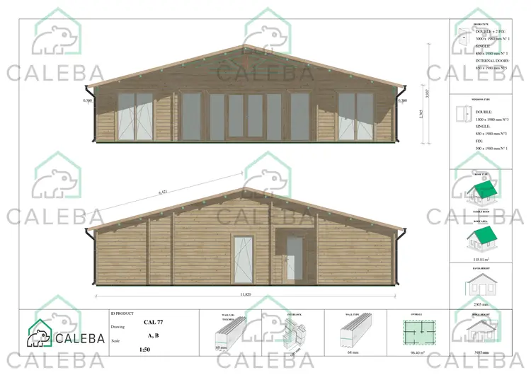 Cabaña de madera NATALIA 95 m², lados A/B