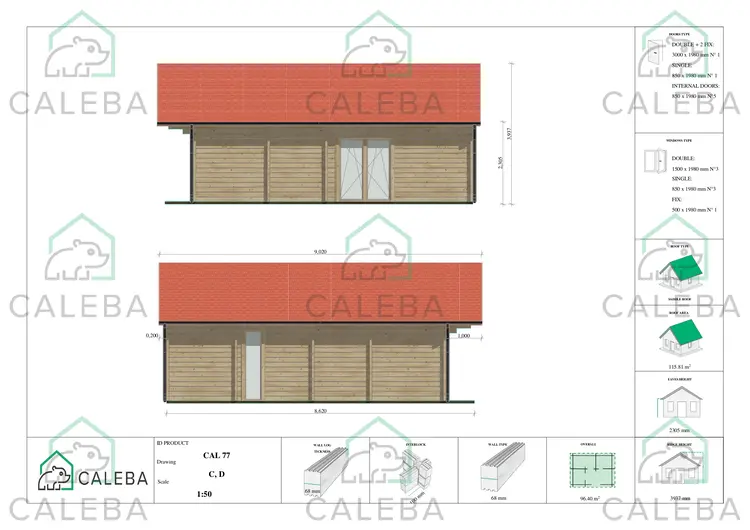 Cabaña de madera NATALIA 95 m², lados C/D