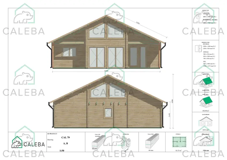 Cabaña de madera ASPEN 80 m², lados A/B