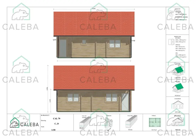 Cabaña de madera ASPEN 80 m², lados C/D