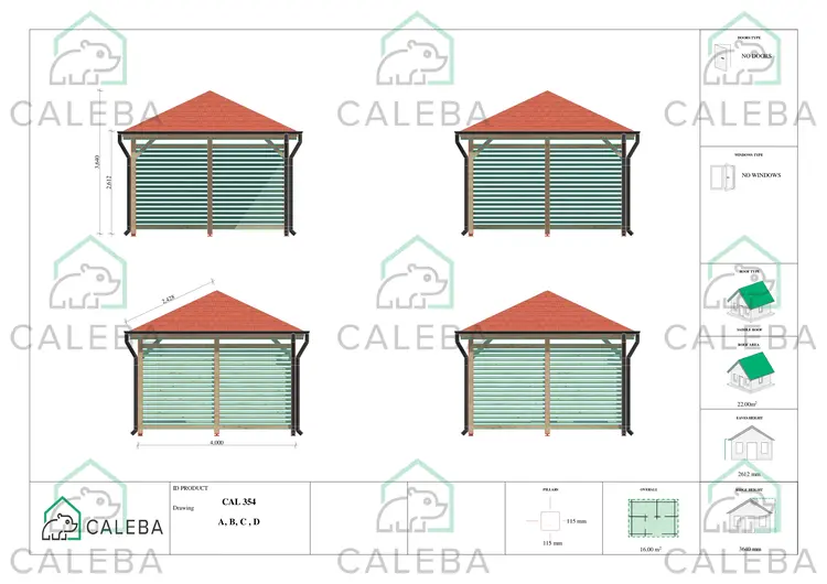 Gazebo de madera OLIVIA 16 m², lados A/B/C/D