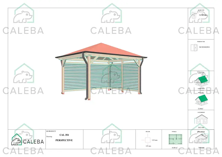 Gazebo de madera OLIVIA 16 m², lados A/D