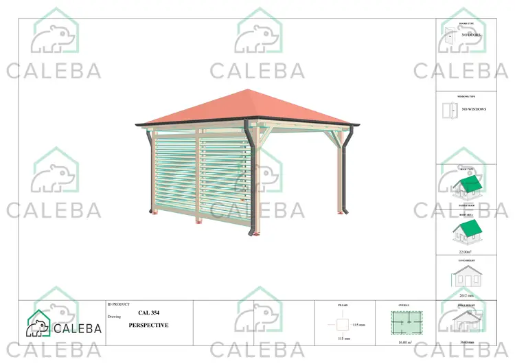 Gazebo de madera OLIVIA 16 m², lados B/D