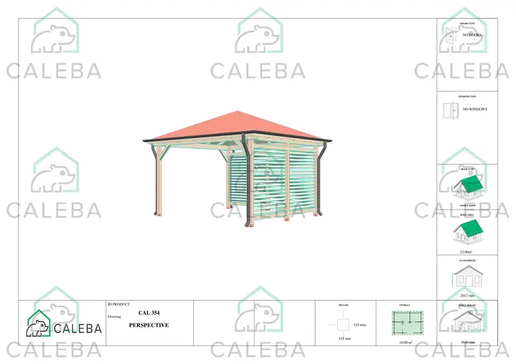 Gazebo de madera OLIVIA 16 m², lados A/C