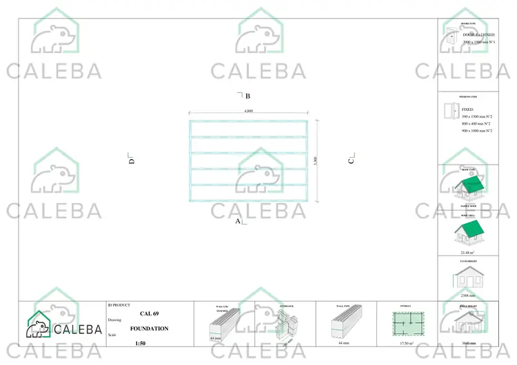 Casita de madera VIVIENNE 17.5 m², plano de cimentación