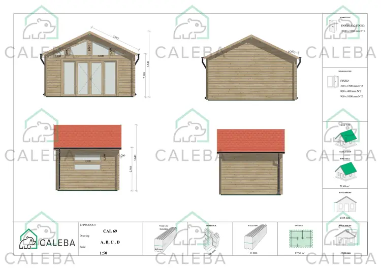 Casita de madera VIVIENNE 17.5 m², lados A/B/C/D
