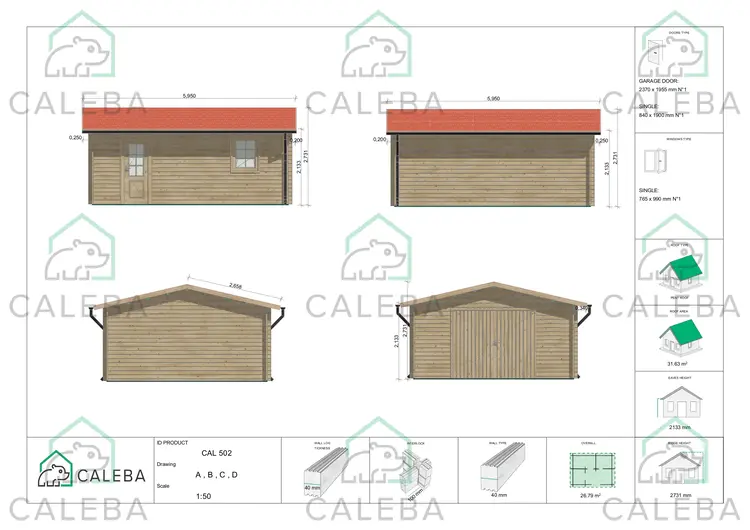 Garaje en madera 25 m², lados A/B/C/D