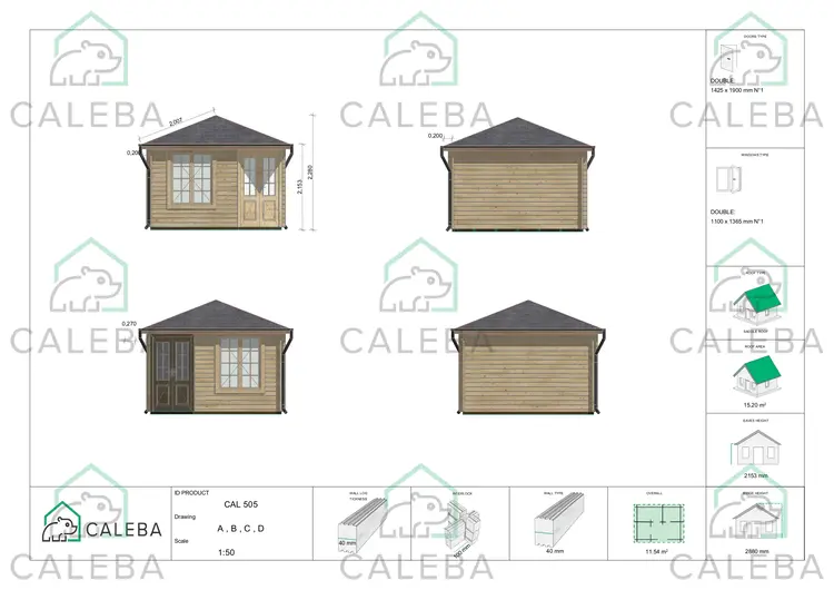 Casita de madera KARIN 12 m², lados A/B/C/D