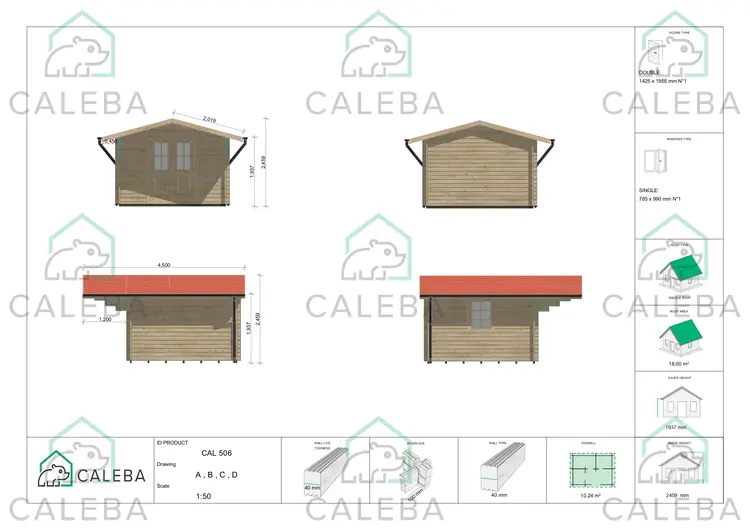 Cobertizo de madera SALLY 10 m², lados A/B/C/D