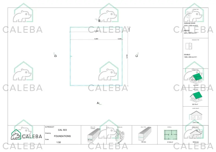 Garaje doble de madera 30 m², plano de cimentación