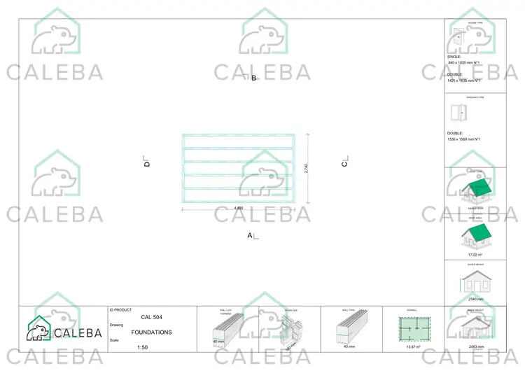 Casita de madera ALEXIA 14 m², plano de cimentación
