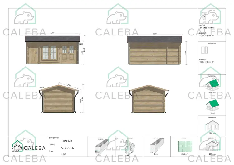 Casita de madera ALEXIA 14 m², lados A/B/C/D