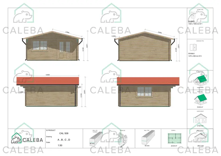 Caseta de jardín MARTA 25 m², lados A/B/C/D