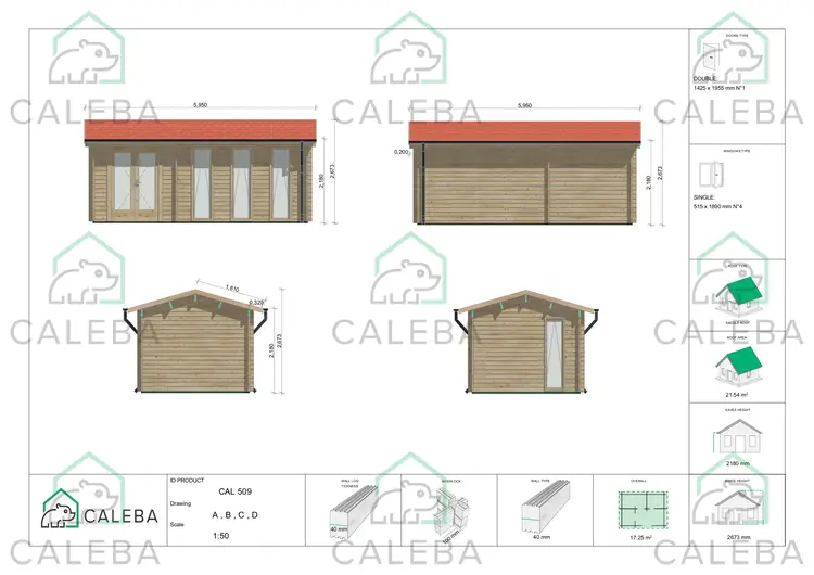 Cobertizo de madera ZAIRA 17 m², lados A/B/C/D