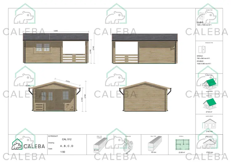 Caseta de jardín MELISSA 24 m², lados A/B/C/D