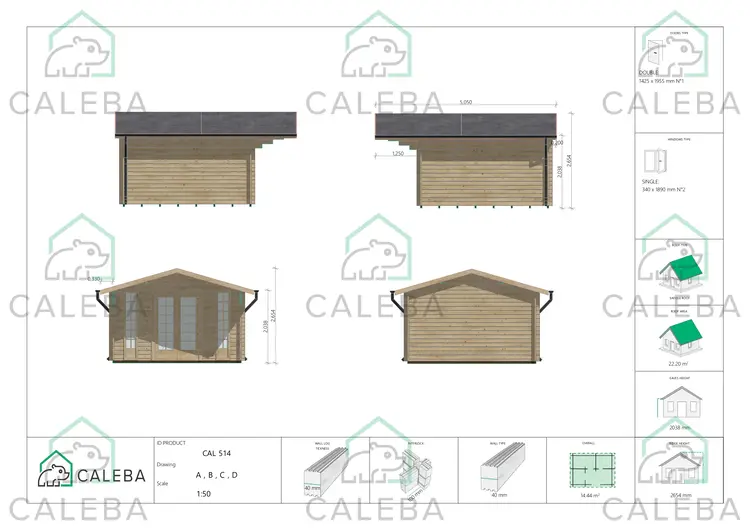 Casa de madera para jardín MARGHERITA 14 m², lados A/B/C/D
