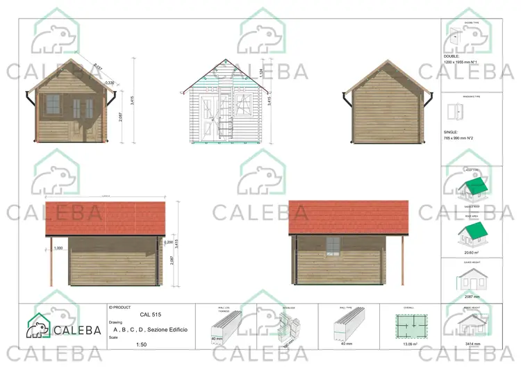 Casita de jardín LALLA 13 m², lados A/B/C/D