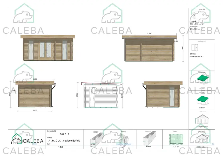 Casa de madera para jardín JENNIFER 15 m², lados A/B/C/D