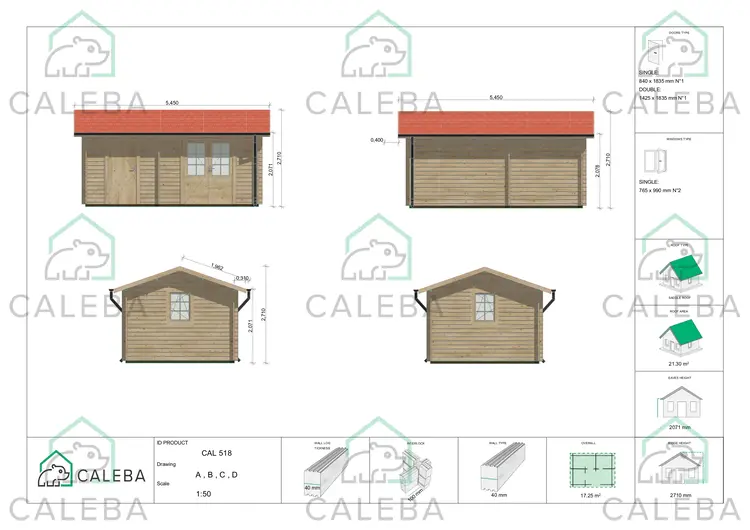 Casa de madera para jardín LUNA 17 m², lados A/B/C/D