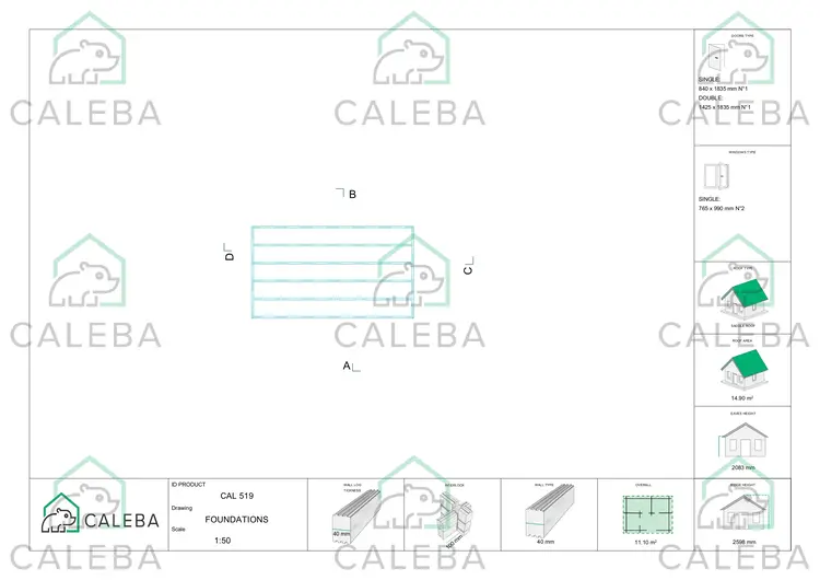 Cobertizo de madera BETTA 10 m², plano de cimentación
