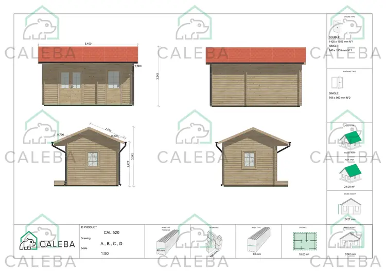 Casa de madera para jardín ROSA 18 m², lados A/B/C/D