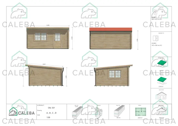 Casa de madera para jardín DESY 20 m², lados A/B/C/D
