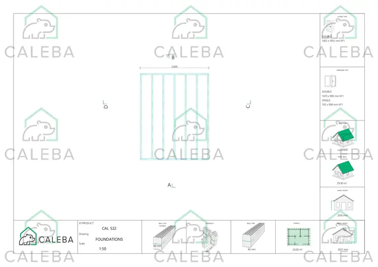 Casita de madera ARIANNA 20 m², plano de cimentación