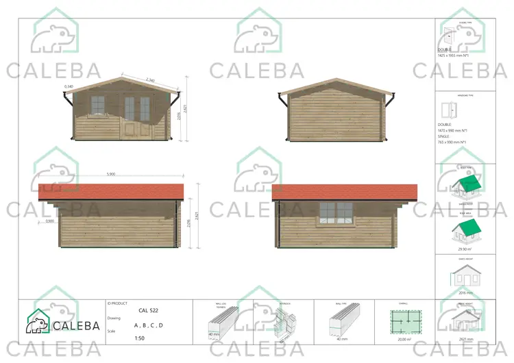Casita de madera ARIANNA 20 m², lados A/B/C/D