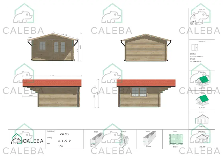 Cobertizo de madera AUDREY 16 m², lados A/B/C/D
