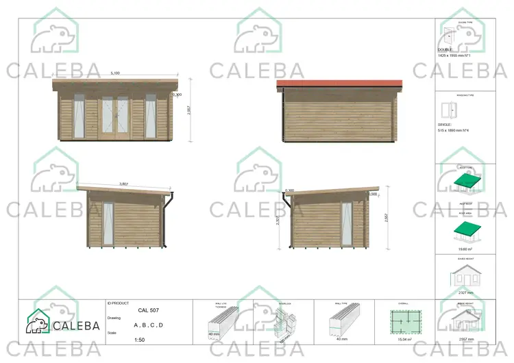 Casa de madera para jardín MICHELLE 15 m², lados A/B/C/D