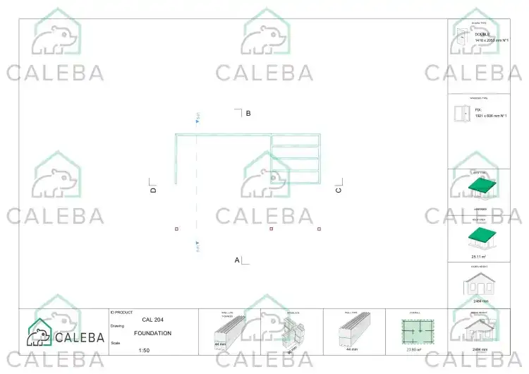 Cobertizo de madera ASIA 24 m², plano de cimentación