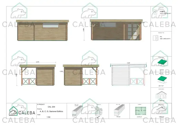 Cobertizo de madera ASIA 24 m², lados A/B/C/D