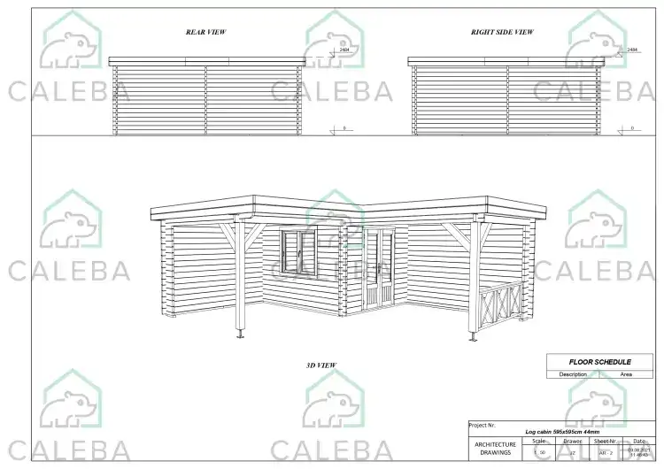 Casita de madera REBECCA 36 m², lados A/B/C/D