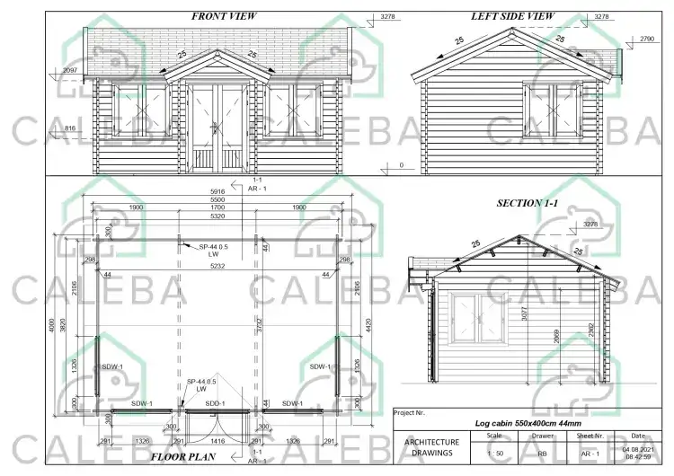 Casita de madera GRACE 22 m², 44mm, planimetría