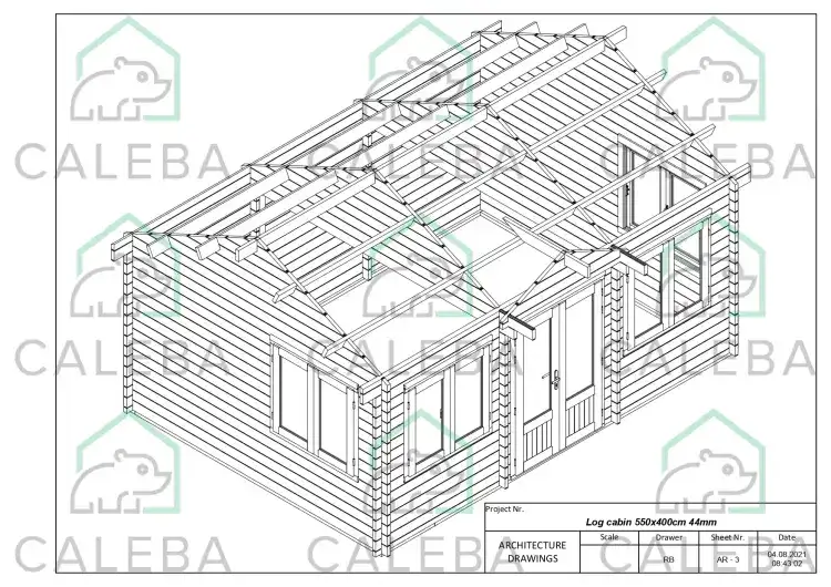 Casita de madera GRACE 22 m², 44mm, planta de cubierta