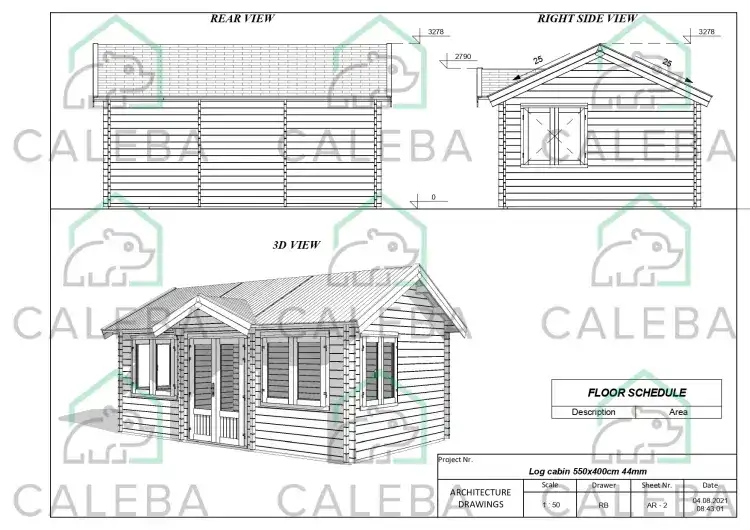 Casita de madera GRACE 22 m², 44mm, lados A/B/C/D